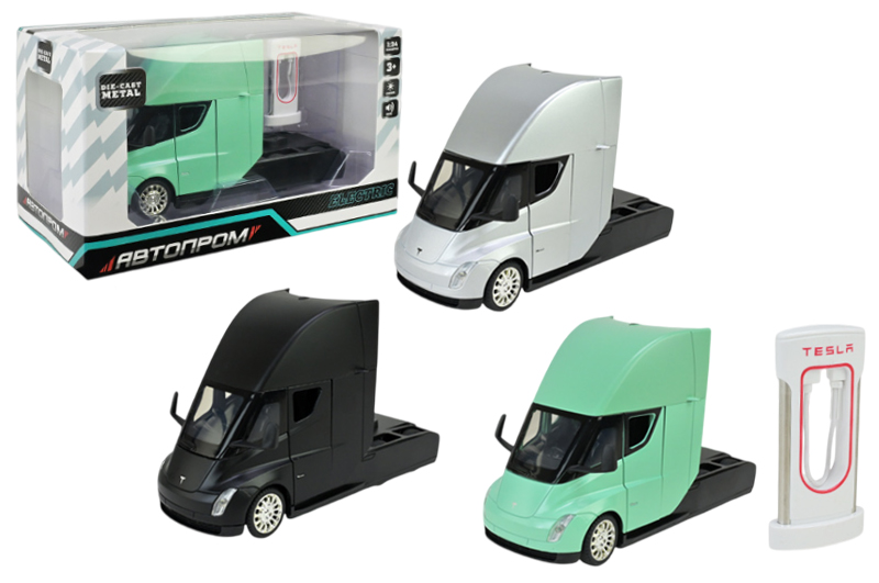 Машина металева AP7731 1:24 Tesla semi truck head, батарейка, світло, звук, відкриваються двері, коробка р.25x12,5x15 см АВТОПРОМ