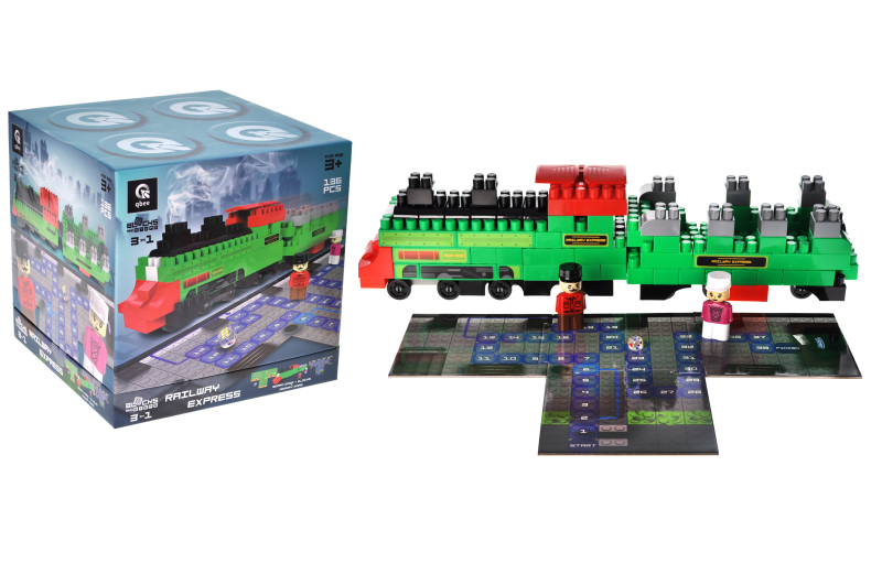 Constructor block QB300-202 "Block&Steps: Railway Express" + walker and memory game 3 in 1, 136 children. qbee