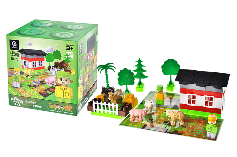 Constructor block QB300-005 "Block&Steps: Fun Farm" + walker and memory game 3 in 1, 79 children. qbee