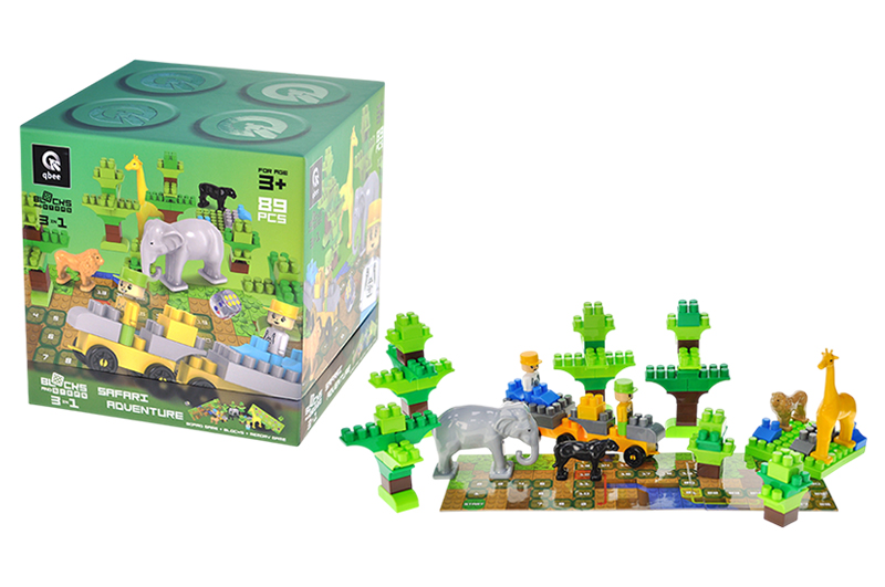 Constructor block QB300-006 "Block&Steps: Adventures in Safari" + walker and memory game 3 in 1, 89 children. qbee