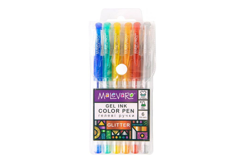 Ручка гелева MALEVARO GLITTER ML760158 з блискітками, 6 кольорів 0,5мм
