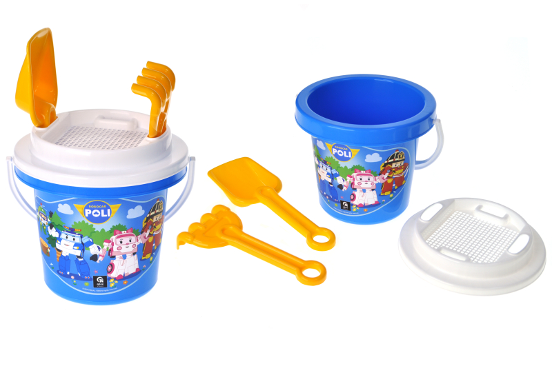 Sand play set QB001-008 "Poly Robocar" (bucket, shovel, rake, calico) qbee