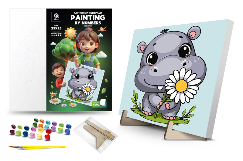 Set for painting by numbers 25x25 cm QB900-005 / QB901-005 "Hippo" with a wooden stand qbee