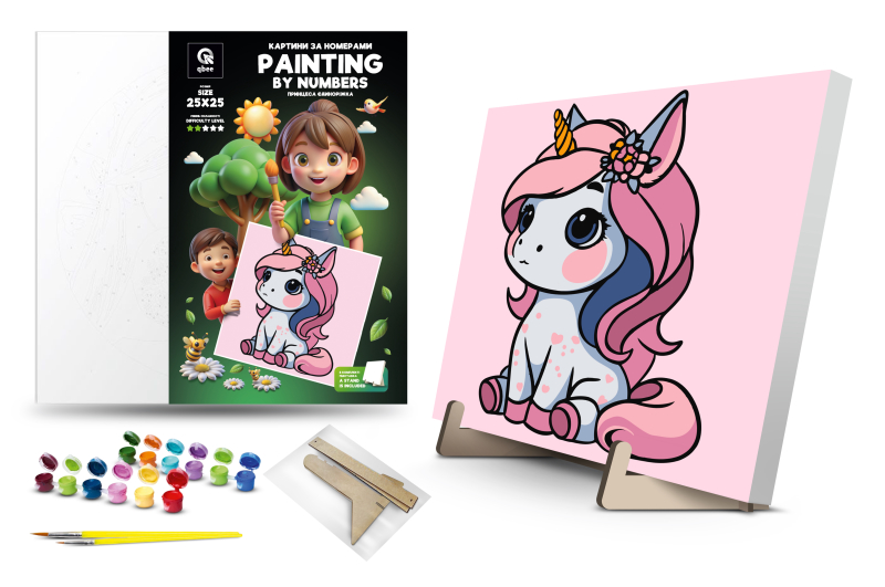 Kit for painting by numbers 25x25 cm QB900-011 / QB901-011 "Princess Unicorn" with a wooden stand qbee
