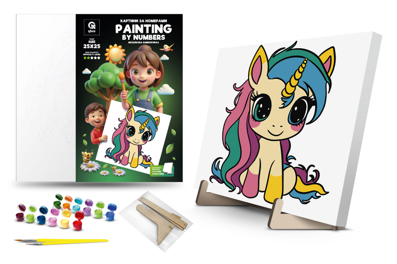 Set for painting by numbers 25x25 cm QB900-012/QB901-012 "Rainbow Unicorn" with metallic paints, with a wooden stand qbee