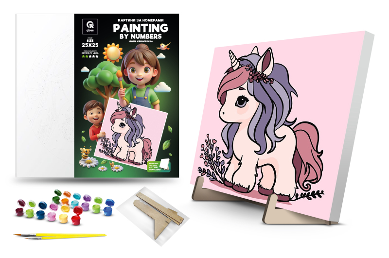 Kit for painting by numbers 25x25 cm QB900-013/QB901-013 "Gentle unicorn" with a wooden stand qbee