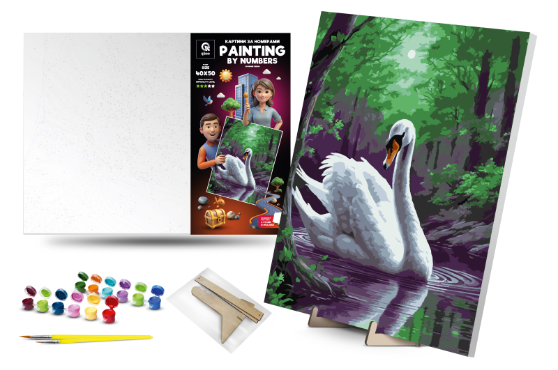 Kit for painting by numbers 40x50 cm QB900-020 "Magic Swan" with a wooden stand qbee