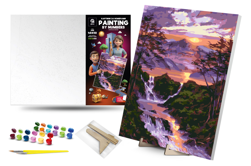 Kit for painting by numbers 40x50 cm QB900-021 "Waterfall at dawn" with a wooden stand qbee