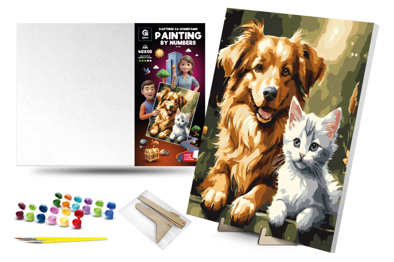 Kit for painting by numbers 40x50 cm QB900-042 "Cat-Dog" with a wooden stand qbee