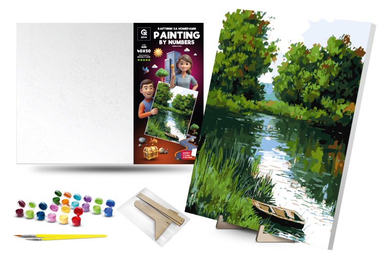 Kit for painting by numbers 40x50 cm QB900-045 "Boat on the river" with a wooden stand qbee