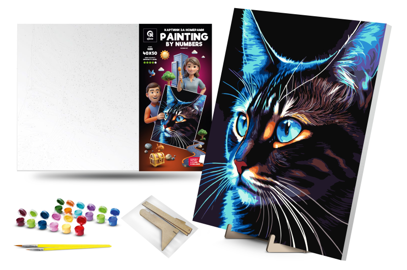 Set for painting by numbers 40x50 cm QB900-049 "Cosmo-cat" with metallic paints, with a wooden stand qbee