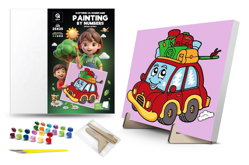 Set for painting by numbers 25x25 cm QB900-071 "Funny car" with a wooden stand qbee