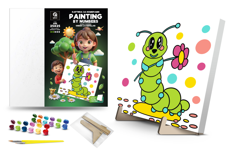 Kit for painting by numbers 25x25 cm QB900-073 "Green Caterpillar" with a wooden stand qbee