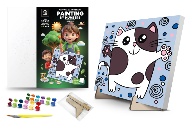Kit for painting by numbers 25x25 cm QB900-074 "Cat hugs" with a wooden stand qbee