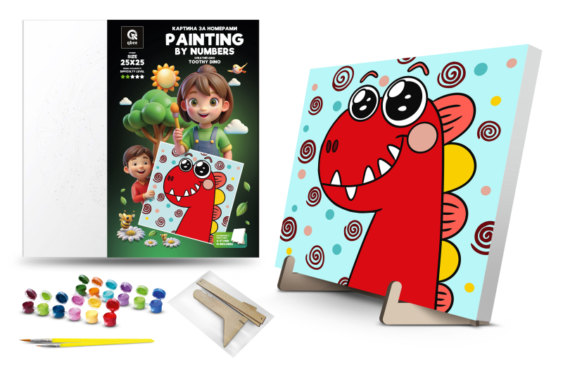 Kit for painting by numbers 25x25 cm QB900-076 "Toothed Dino" with a wooden stand qbee