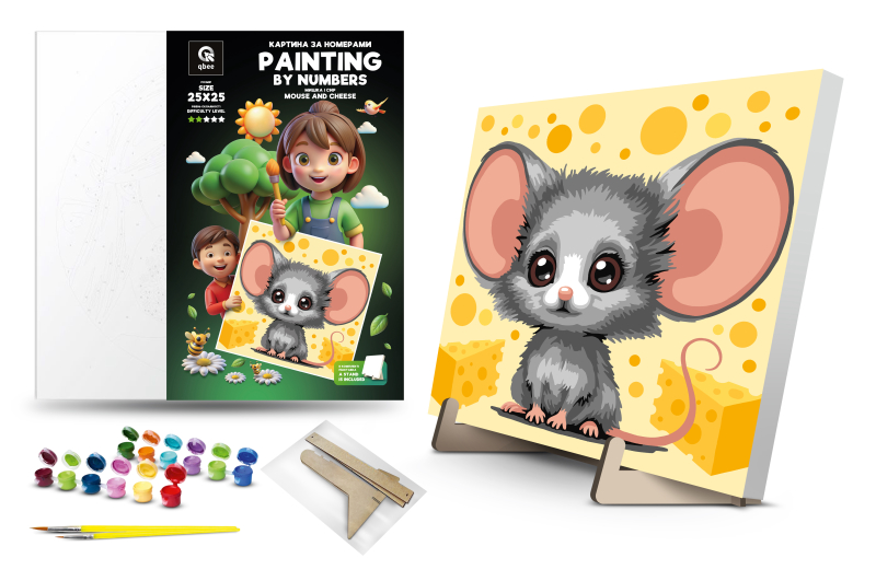 Kit for painting by numbers 25x25 cm QB900-077 "Mouse and Cheese" with a wooden stand qbee