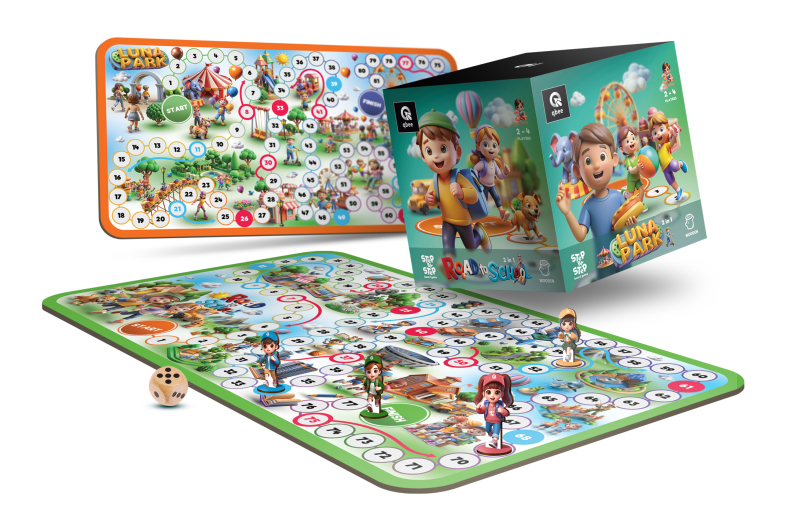Board game QB701-004 "STEP BY STEP - Road to School & Luna Park" wooden walker, double sided qbee