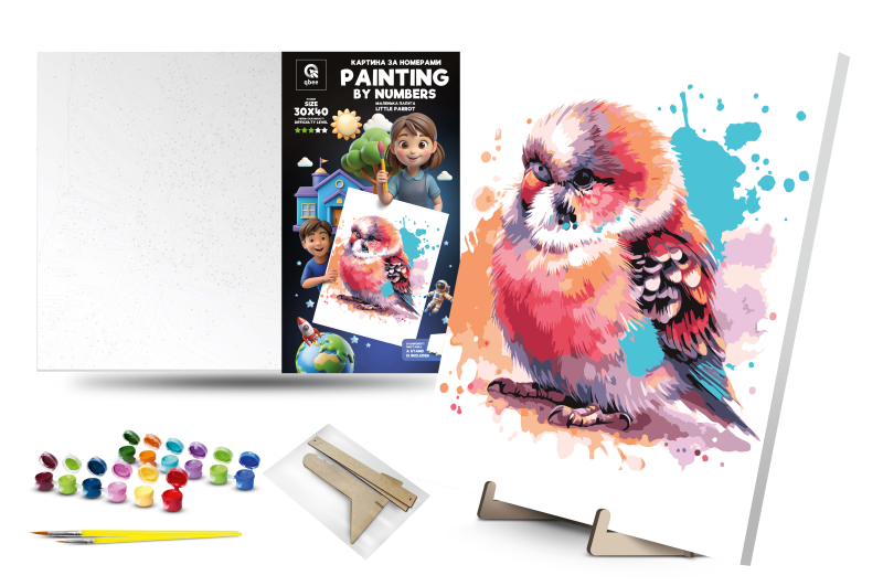 Kit for painting by numbers 30x40 cm QB900-089 "Little parrot" with a wooden stand qbee