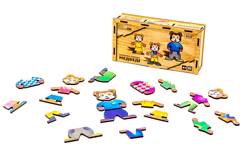Одягалка Puz-12141 "Ведмедики" дерев'яна, 21 елм., р.18х9х4.5 см PuzzleOk